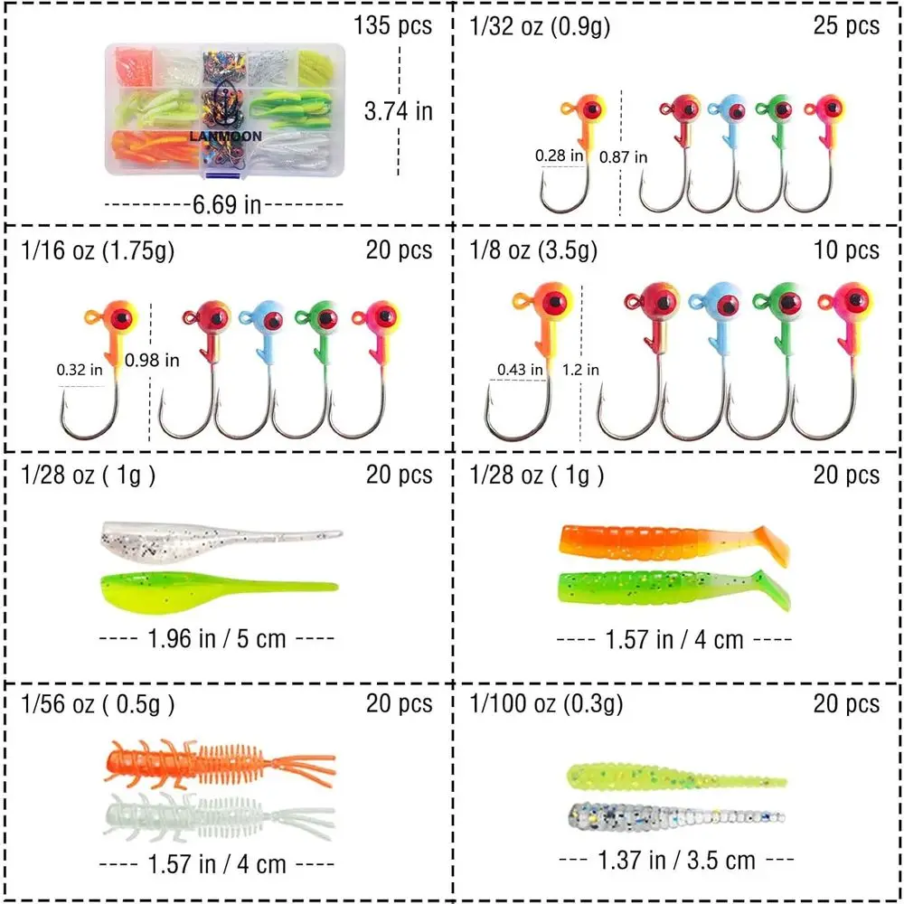 Kit da pesca Crappie da 135 pezzi: teste e ganci per esche morbide: ideale per trota, spigola, walleye, bluegill, pesce persico e pesce gatto