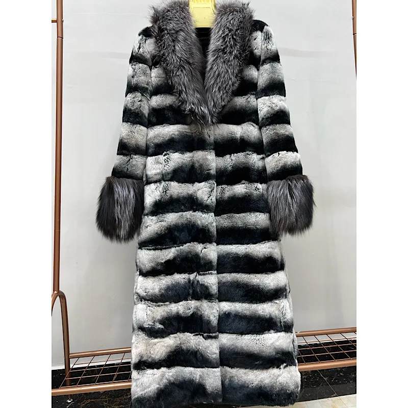 

2023 Women Winter Real Fur Coats With Fox Lapel Collar Natural Whole Skin Genuine Rex Rabbit Fur Long Overcoat Luxury Women