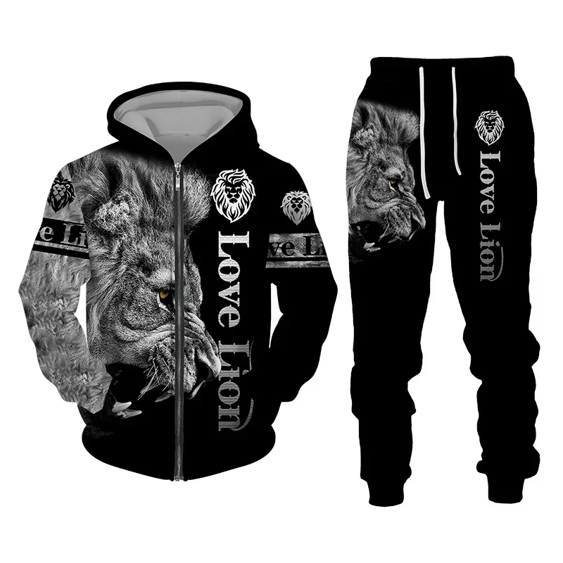 3D The Lion Print Men\'s Tracksuit Zipper Hoodies Sweatshirts Pants Sets Casual Streetwear Mens Clothing Women\'s Tracksuit S-6XL