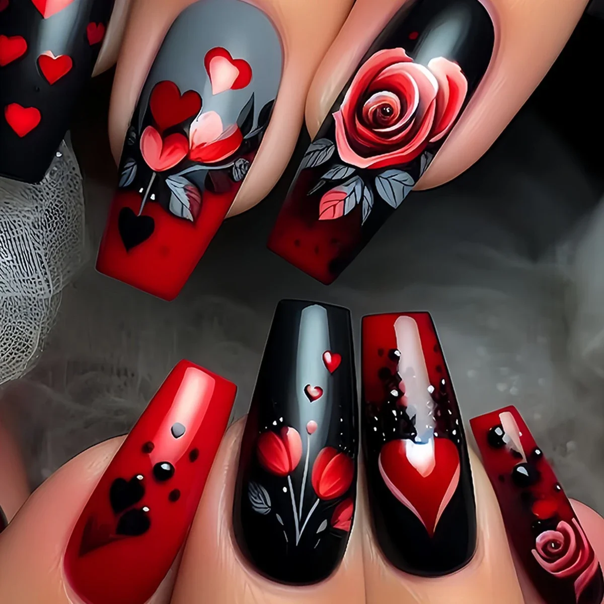 

24PCS Dark Spice Girl Butterfly Pattern False Nails for Women Valentines Day Manicure Rose Lover Fake Nails Press on False Nails