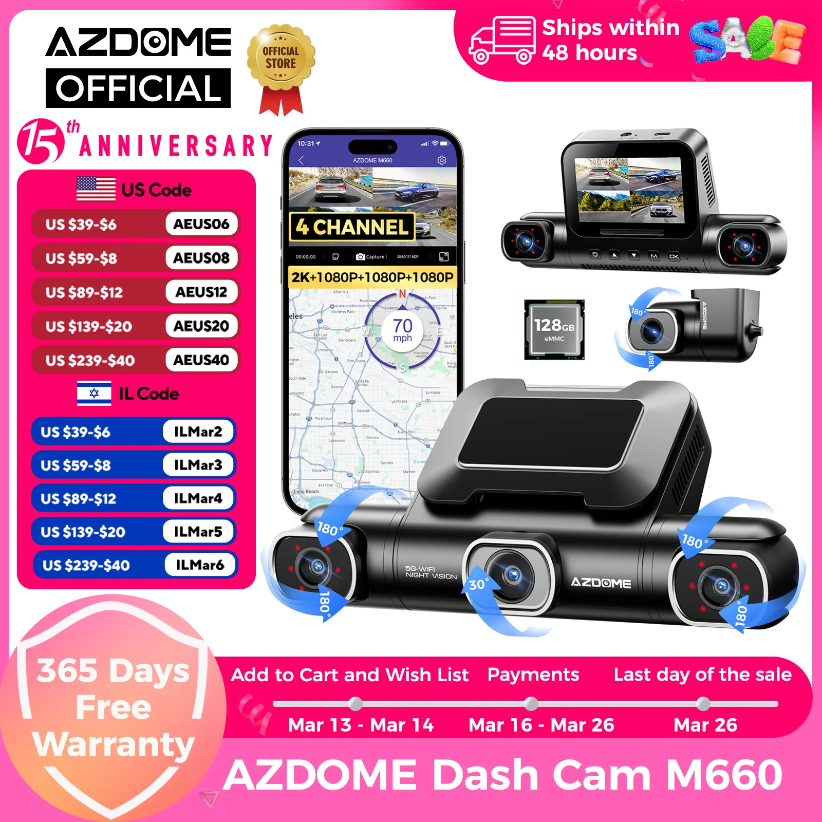 AZDOME Dash Cam M660 2K+3*1080P 4CH Car DVR GPS 5G Wifi Built-in 128GB eMMC Voice Control 24H Parking Monitor Super Night Vision