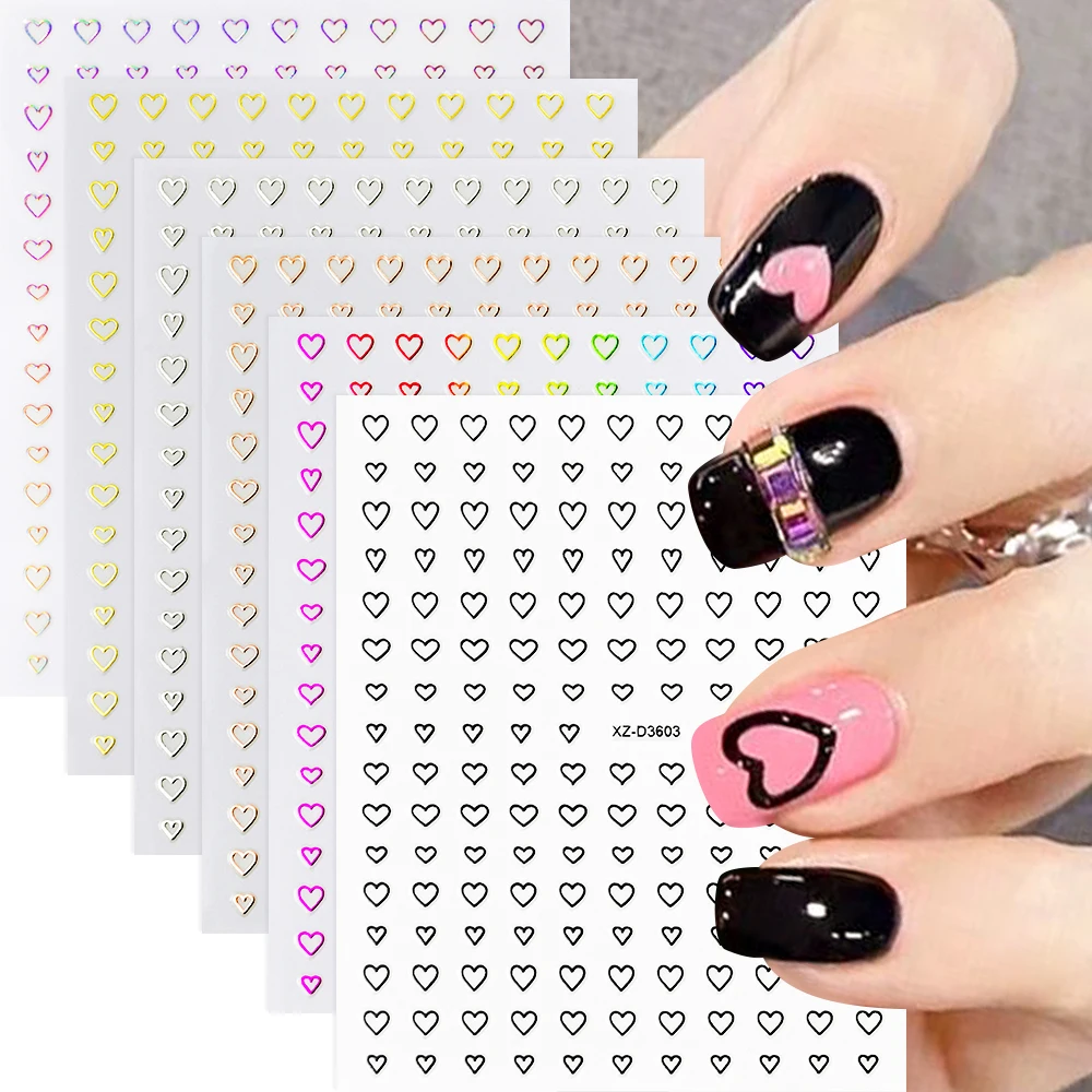 6Sheets Heart Love Nail Art Stickers Black Gold Silvery Romantic Hollow Love Heart Nail Decals Valentine's Day Heart Nail Decora