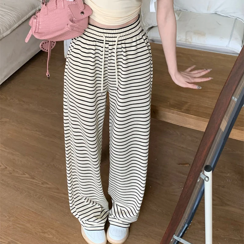 Rimocy 2024 New Wide Leg Striped Pants Women Korean Drawstring High Waist Straight Pants Woman Comfort All Match Baggy Trousers