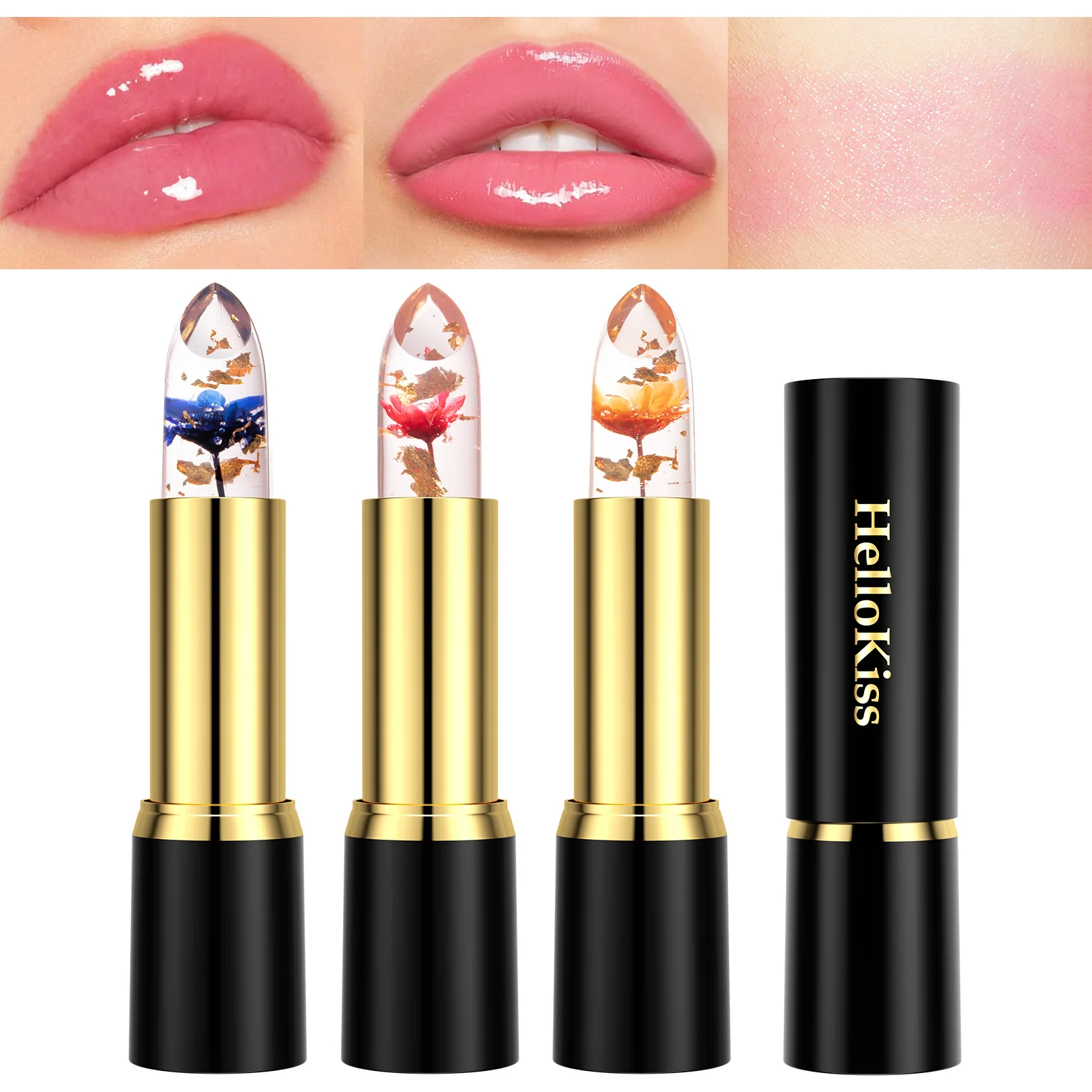 

Jelly Flower Lipstick Hydrating Moisturizing Long Wear Color Changing Gold Foil Temperature Lip Balm Cross Border Hot Sale