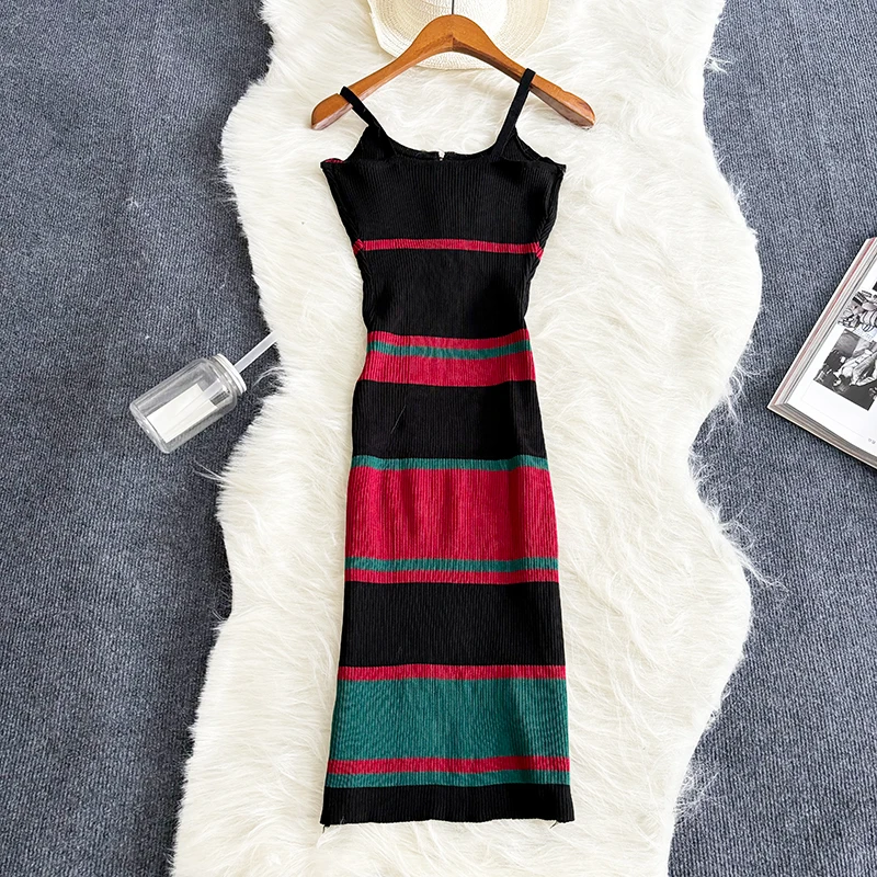 Zipper Black Summer Knitted Bodycon Sexy Dress 2024  Sleeveless Strap Party Sundress High Street Elastic Slim Midi Dress