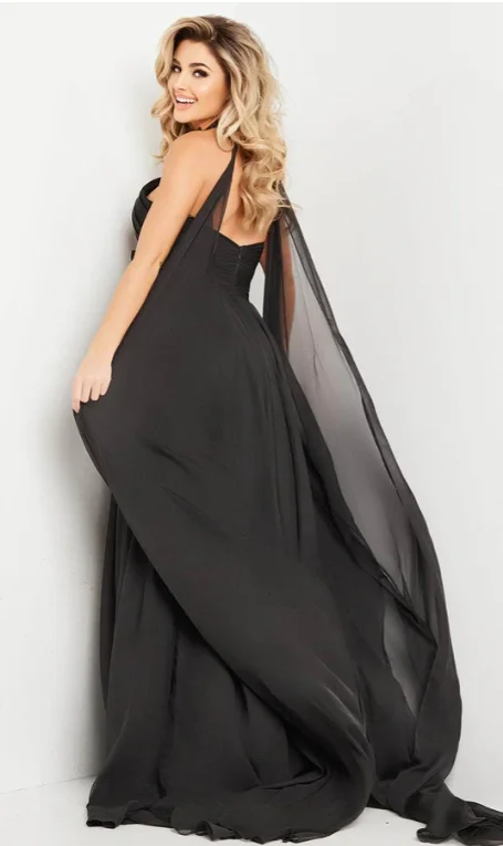 Evening Dresses Black Women's Formal Evening Gowns Halter Neck Keyhole Cutout Floral Chiffon Split High Low Prom Dresses