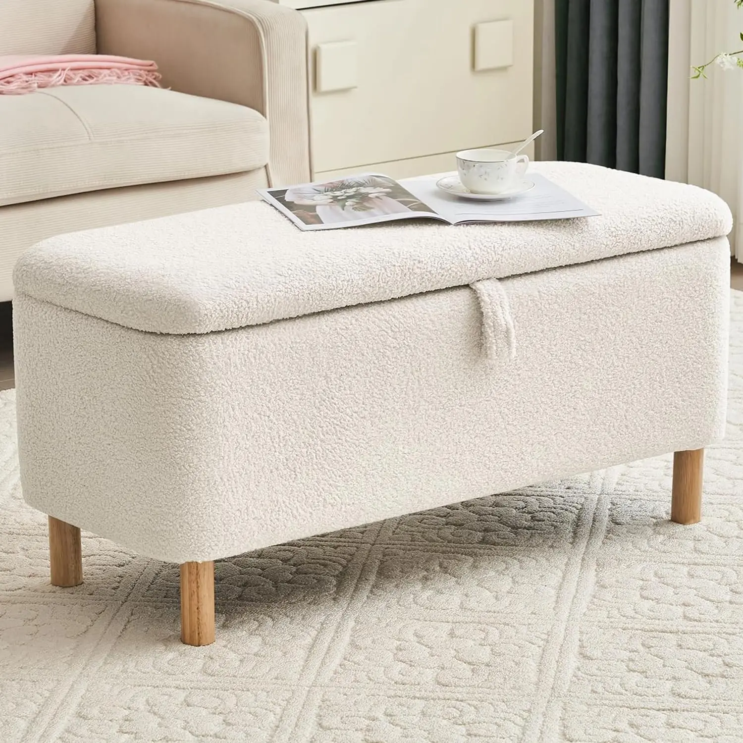 Boucle Storage Ottoman Bench, Sherpa Upholstered Shoe Seat for Bedroom & Entryway, Cushion Padded Blanket Chest, White, Customiz