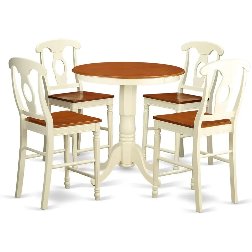 5 Piece Kitchen Counter Set Includes A Round Room Table With Pedestal And 4 Dining Chairs, 30x30 Inch||