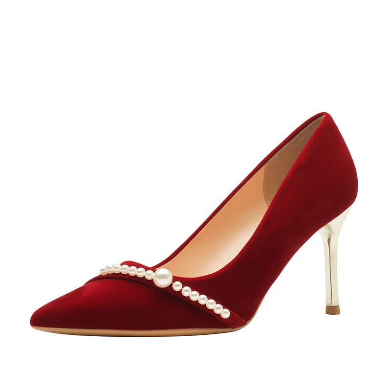 Escarpins à talons hauts en daim rouge vin, chaussures simples rétro, talon aiguille fin, décoration de sangle de perle, style chinois, mariage, nouveau