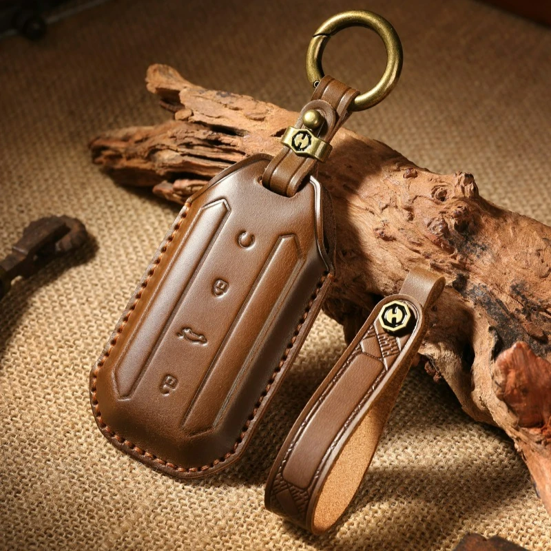 Echt Koe Lederen Auto Afstandsbediening Smart Key Fob Case Cover Tas Keten Houder Knoppen Protector Sleutelhanger Voor Jaecoo 5 J5 EV 2025 2026