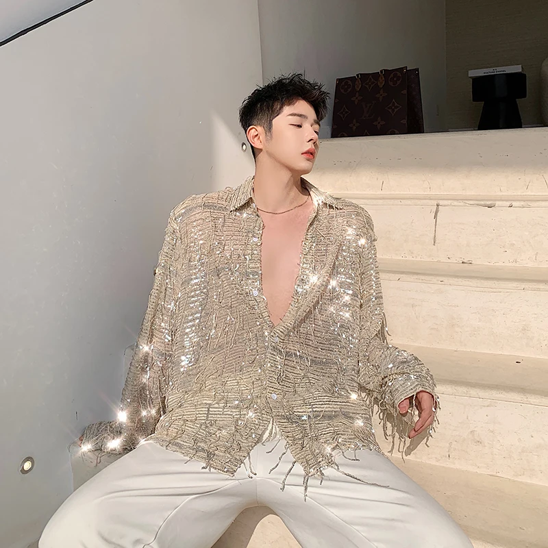 

Summer shiny sequined shirts mens fashion bling tassel long sleeve shirt nightclub DJ singer stage costume oversized blouse A16