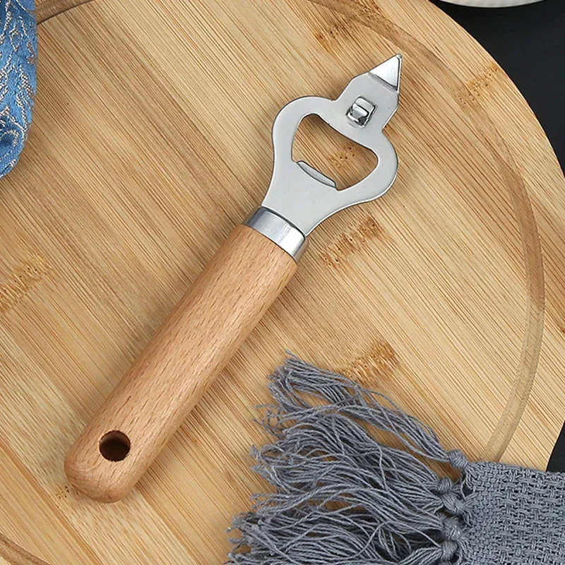 Beer Bottle Opener Stainless Steel Corkscrew With Wooden Handle Multi-Function Manual Can Opener For Kitchen Bar Party Supplies