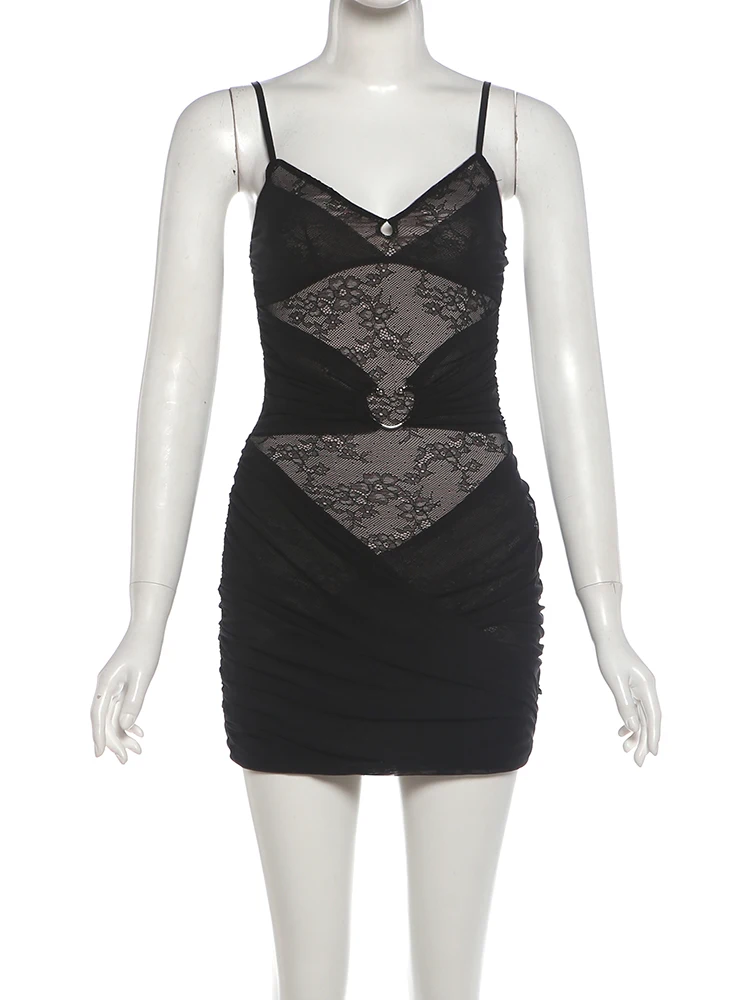 Weird Puss Hottie Partykleid Damen Sexy Jacquard Patchwork Hohlkreuz Raffung Tiefer Ausschnitt Ärmellos Mode Street Club Bodycon – Detail 3