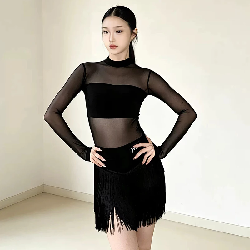 Women Black Latin Dance Outfit Mesh Long Sleeve Mock Neck Bodysuit Fringe Skirt Adult Salsa Chacha Dance Practice Costume 4289