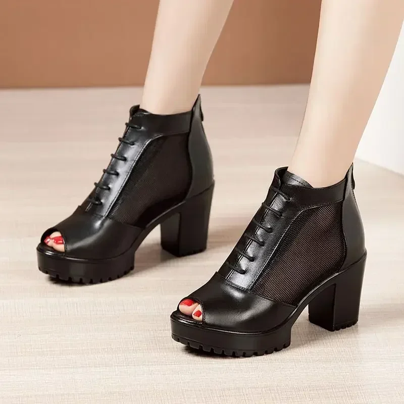 8cm Small Size 32-43 Elegant Mesh Block High Heels Shoes Summer 2024 Thick Bottom Genuine Leather Ankle Boots for Office Mom