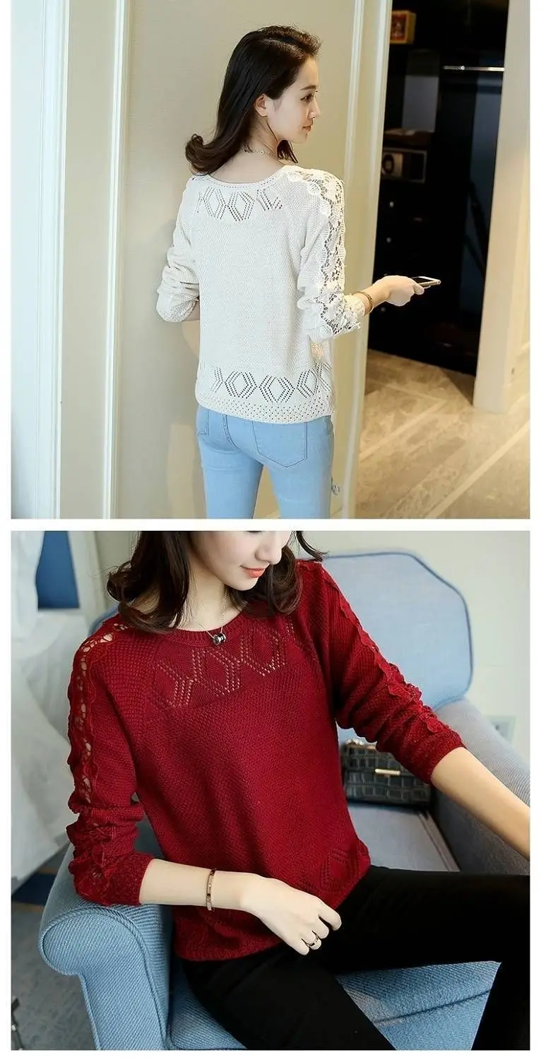 Trendy Autumn Outfit New Round Neck Lace Crochet Long Sleeved Hollow Knit Sweater for Women Loose and Slimming Style