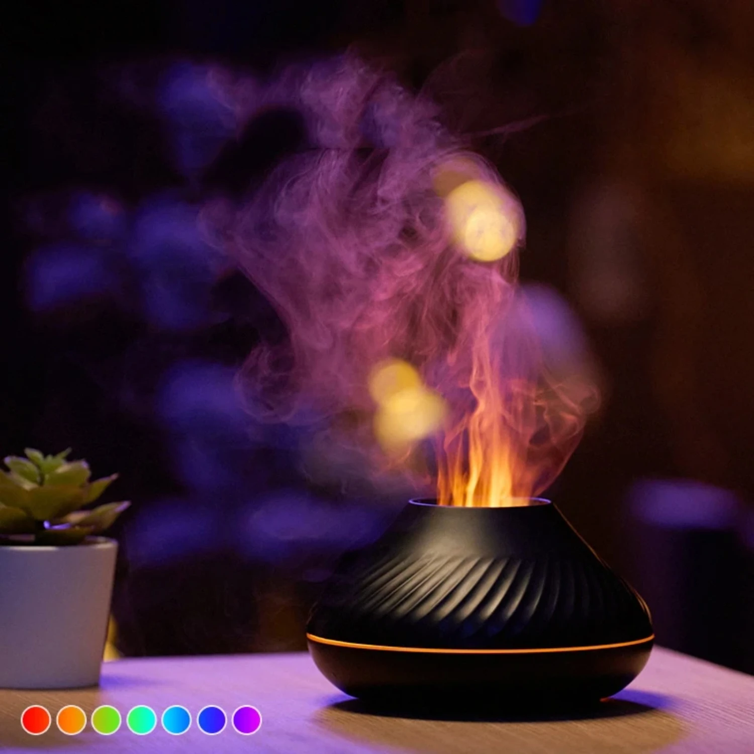 Experience the Calming Benefits of this Vibrant and Colorful 7-Color Flame Night Light Essential Oil Humidifier for a Cozy Atmos