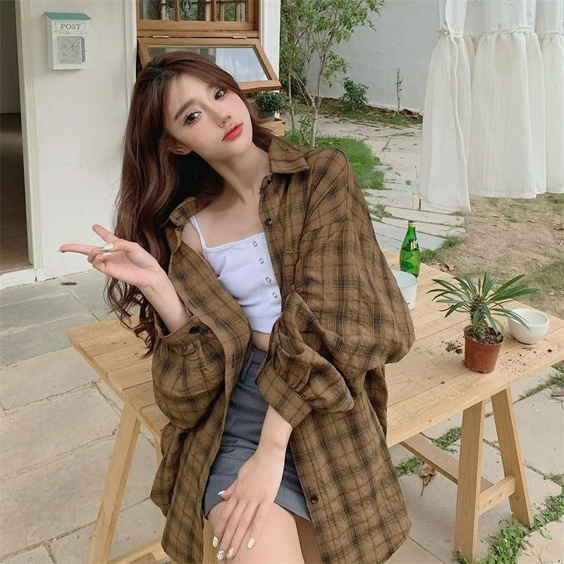 Vintage Plaid Shirts Women Slouchy Ulzzang New Spring Summer Loose Students Preppy All-match Chic Female Outerwear Midi Mujer