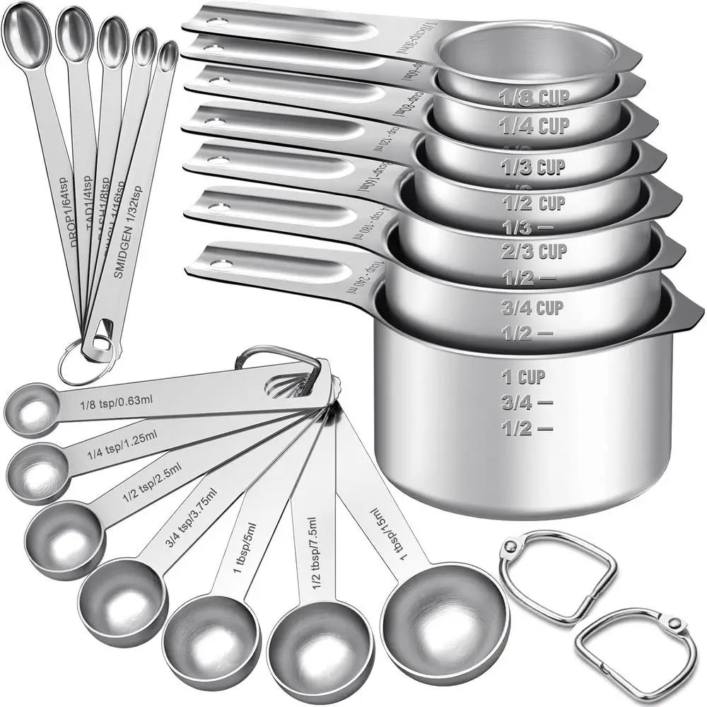 

Measuring Cups and Spoons Set, 7 Stainless Steel Nesting Measuring Cups & 7 Spoons, 5 Mini Measuring Spoons & 2 Detachable Rings