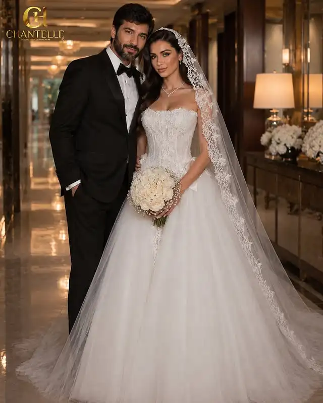 Customized Strapless Wedding Dress Ball Gown 2026 Lace Corset Bridal Gown with Bow Tie Soft Layered Tulle Vestidos de Novia
