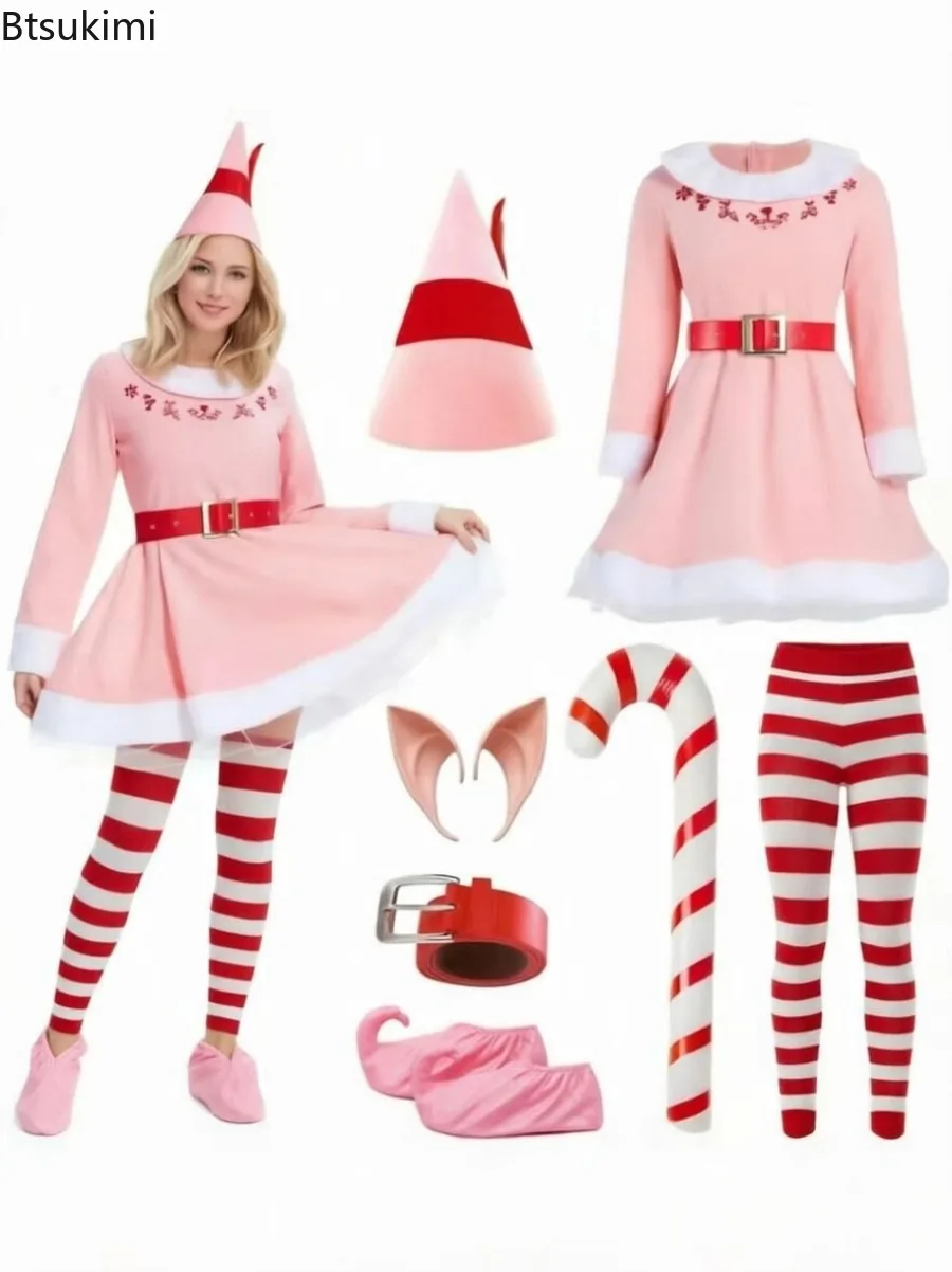 Conjunto de 7 piezas para adultos, mujeres, disfraz de duende navideño rosa, atuendo de cosplay de anime, maquillaje navideño, disfraz para fiesta temática de baile de máscaras, disfraces de juego de rol.