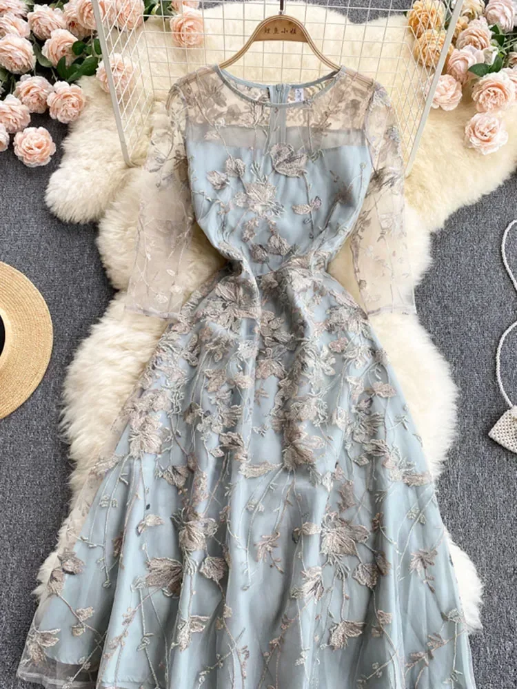 

Новое летнее сетчатое платье с вышивкой Vestidos с круглым вырезом, женское благородное и элегантное темпераментное женское платье миди высокого класса DK410