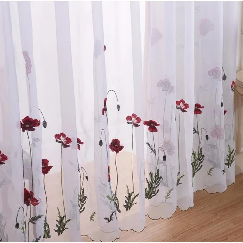 2023 new White Sheer Embroidered Red Flower Curtains Tulle for Living Room Simple Pastoral Window Screen Voile Curtain