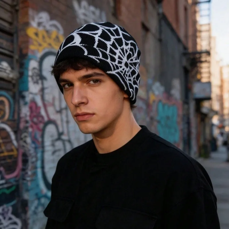 Goth Knit Beanie Spider Web Design Black White Jacquard Warm