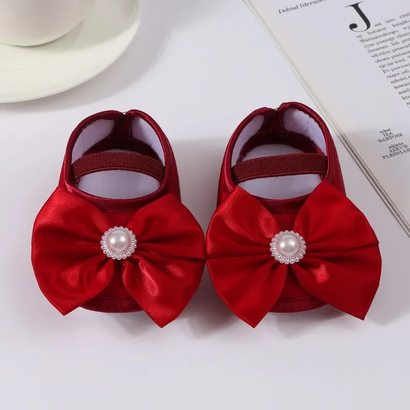 

Spring Autumn Baby Shoes Flats Newborn Soft Sole Non-slip First Walkers Infant Toddler Pearl Bowknot Princess Walking Shoes