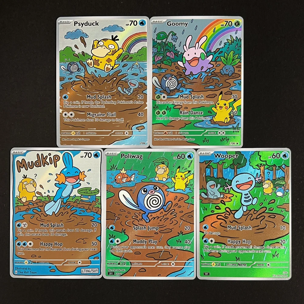 cartas-de-pokemon-ptcg-estilo-pintura-a-Oleo-colecao-psyduck-goomy-poliwag-wooper-mudkip-presente-pokemon-happy-hop-playtime