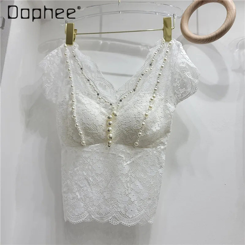 

Sexy See Through Lace Pearl Cropped Top Women White Elastic Sleeveless Skinny Tank Tops Elegant Nightclub Party Corset Camis