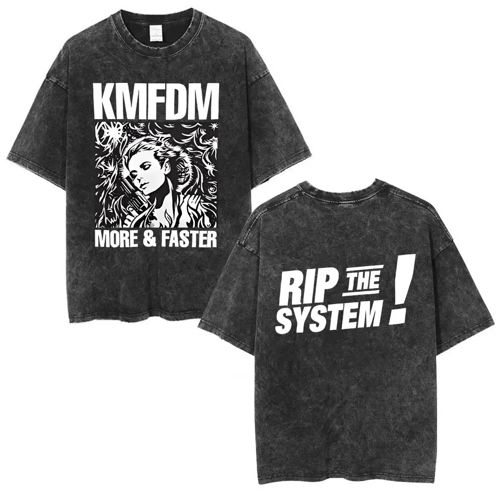 

Washed Vintage Rock Band Kmfdm More & Faster Rip The System Graphic T-shirt Men Retro Gothic Punk Tshirt Male Oversized T Shirts