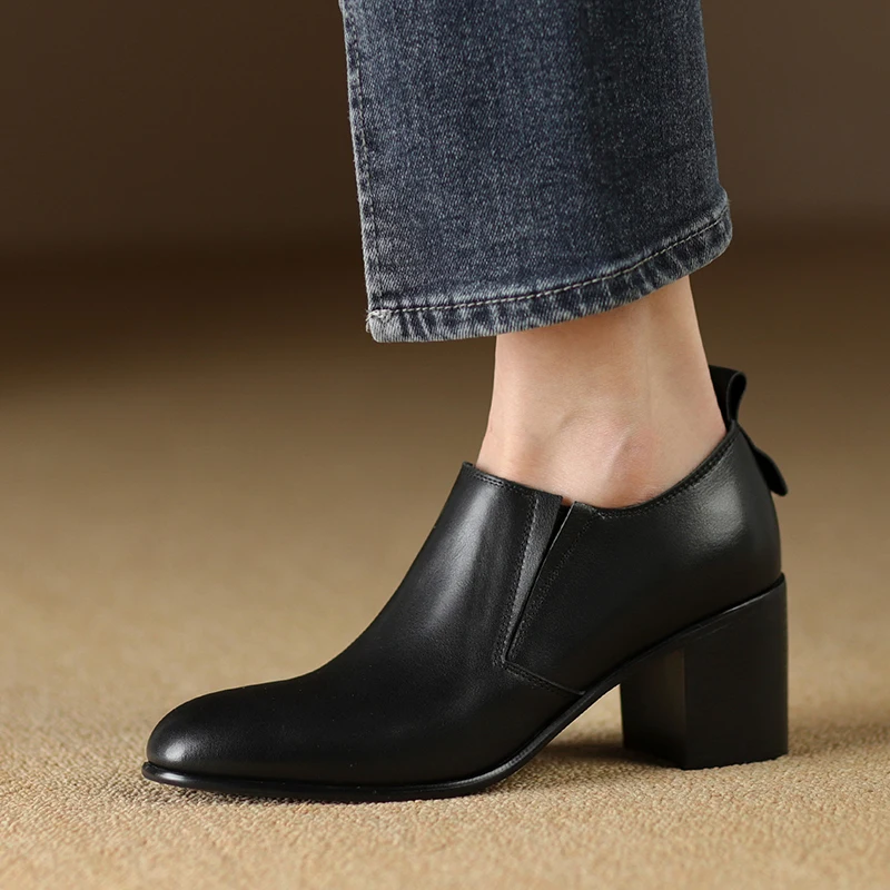 Thick Heels French Style  Women Cowhide Shoes On Heel 6.5CM  Med HeelsSpring Autumn Lady Vintage Pumps Slip On Daliy Shoes