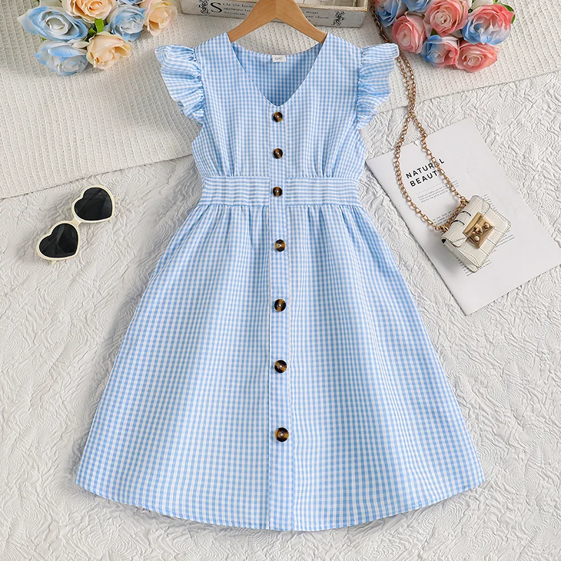 Plaid Dress For Kids Girls Light Blue V-neck Wing-Sleeve Button-Trim  Knee-Length Gingham Dress Adorable Kids Clothes Modest Gown - AliExpress  1501