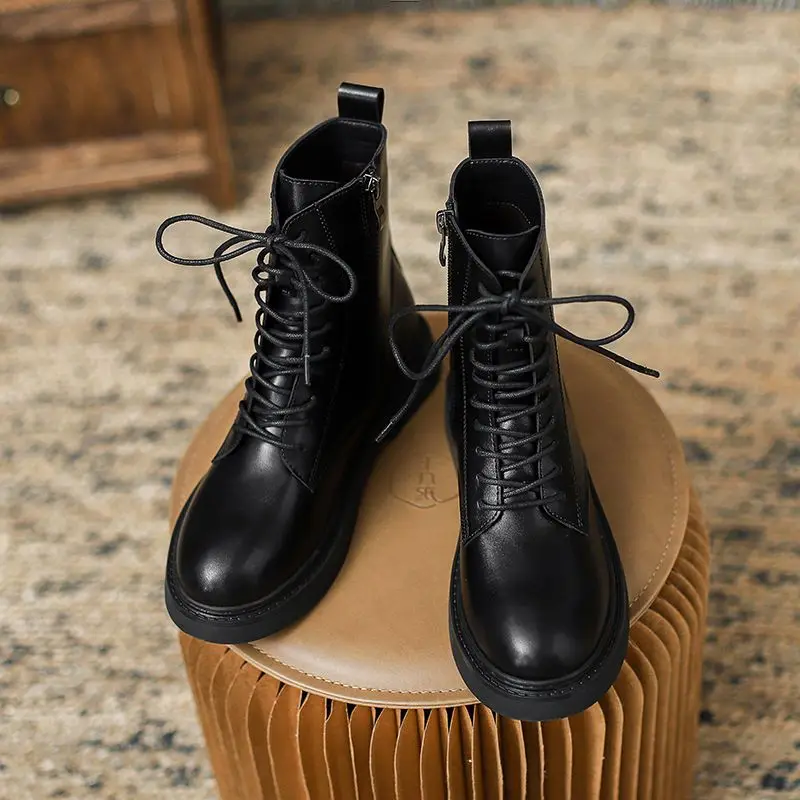 Leather Short Shoes for Women Platform Combat Lace-up Brown Female Ankle Boots Punk Style with Laces Booties Elegant Low Heels