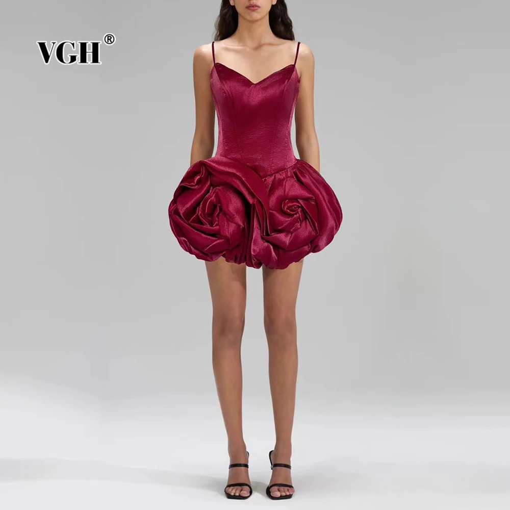 

VGH Solid Sexy Patchwork 3D Flower Hem Dresses for Women V Neck Sleeveless High Waist Fashionable Party Tutu Dress Female Trendy
