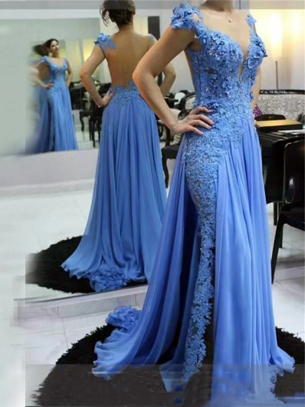 Blue Lace Applique Pearls Beads Mother Of The Bride Dresses O Neck Back Illusion Slit Evening Party Prom Gown платье вечернее