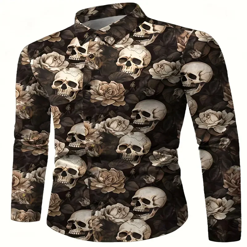 Men's 3D Skull and Rose Printed Long Sleeve Shirt - Casual, Suitable for Weekend Casual Wear, Autumn/Winter, Halloween