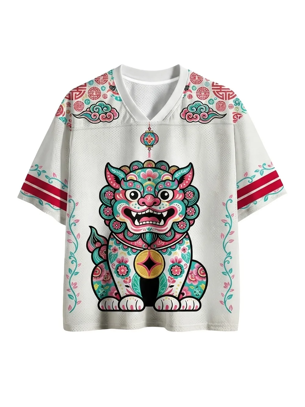 Summer Fashion New Design Lion Dance Pattern 3D Print Men Women V-Neck Sport T-Shirt Street Breath Quick-dry Y2K Family Clothing