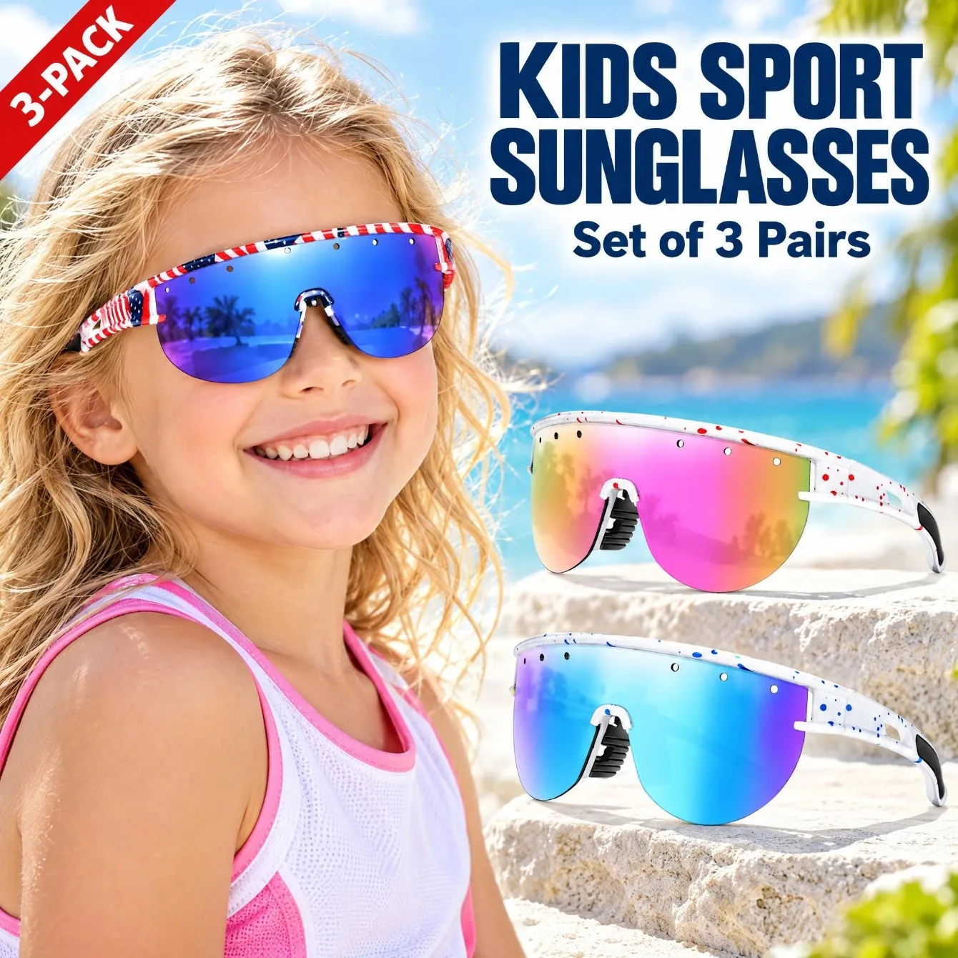 3-Pack Kids Sunglasses for Boys & Girls Age 3-8, UV400 Windproof Cycling Goggles for Bicycle, Camping & Baseball
