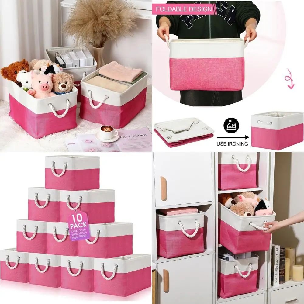 

Large Collapsible Fabric Storage Baskets with Handles for Organizing Shelves, Toys, Clothes - Rose & White, 16x12x10 Inches