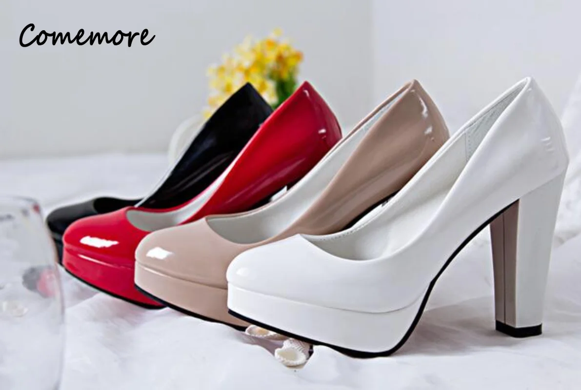 Comemore Women Pumps Shoes PU Leather Shallow Woman Slip-On Round Toe High Heels Wedding Party Derss Shoe Plus Size 34 41 42 New