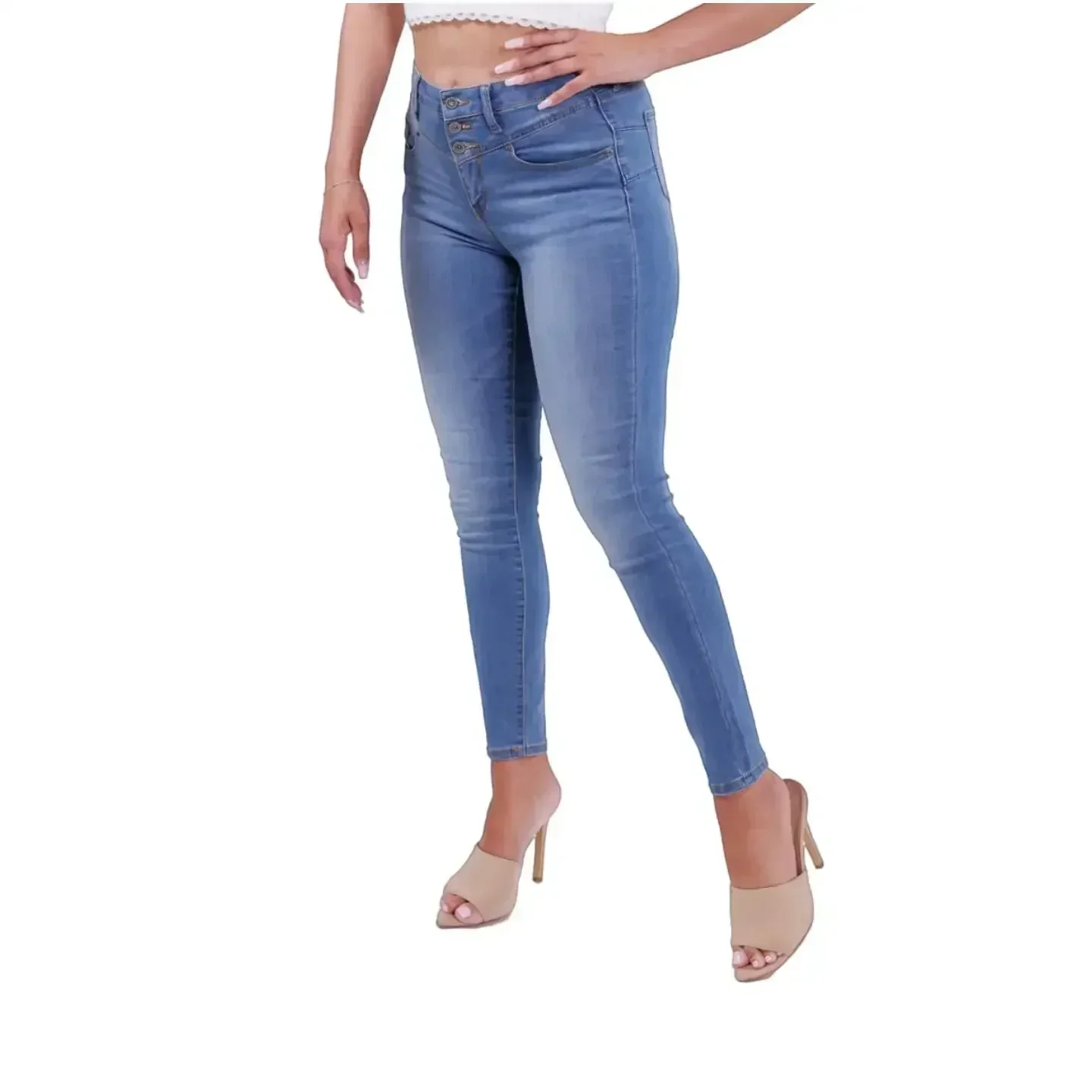 Comfort Casual Streetwear Bell Button Ankle Denim Pants Mid Rise 10KJ Starched Jeans Slim-fitting Plain Underwear Lady