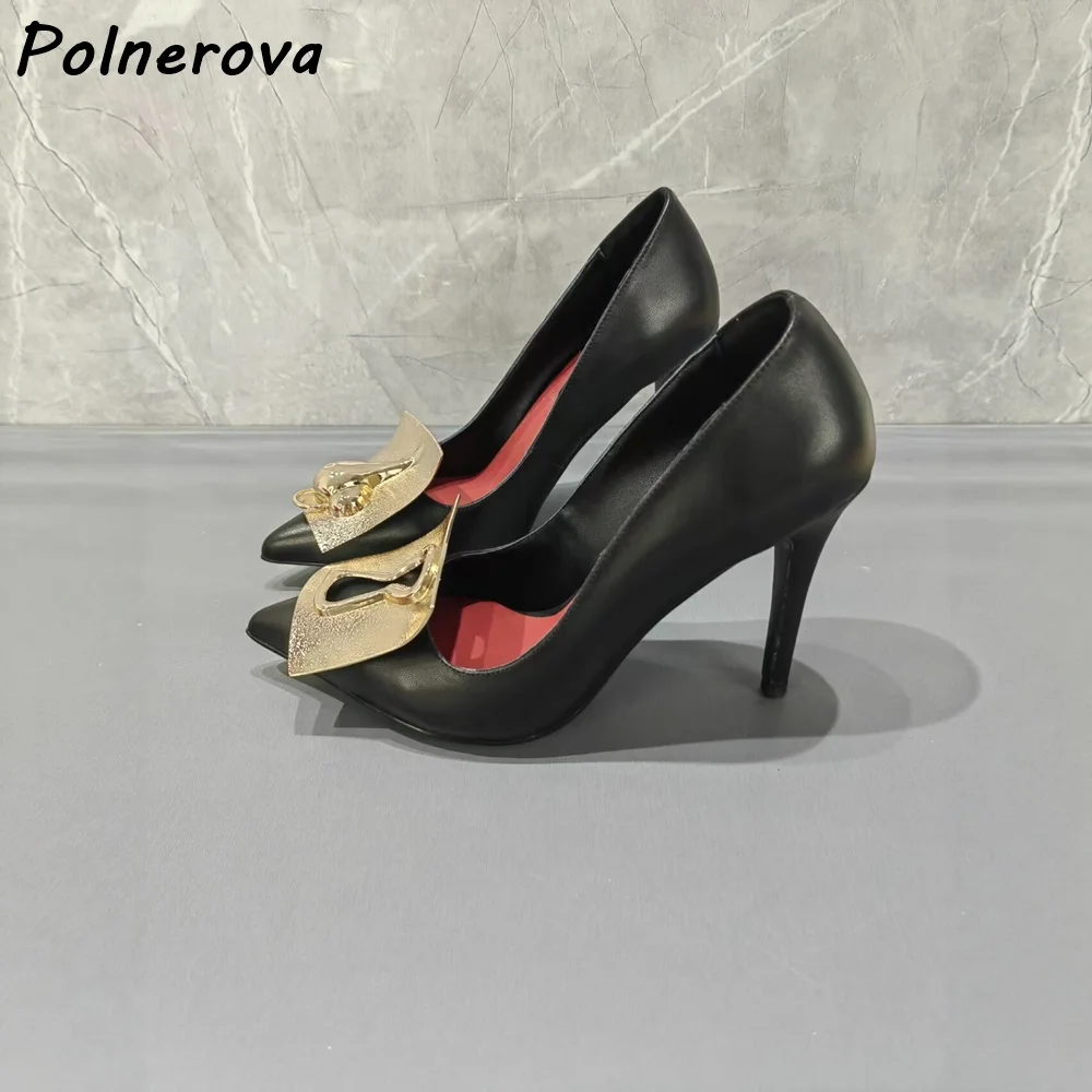 Black Leather Pointed Toe Stiletto Pumps Unique Gold Metal Square Buckle Thin High Shoes Fashion Elegant Office Evening Shoes