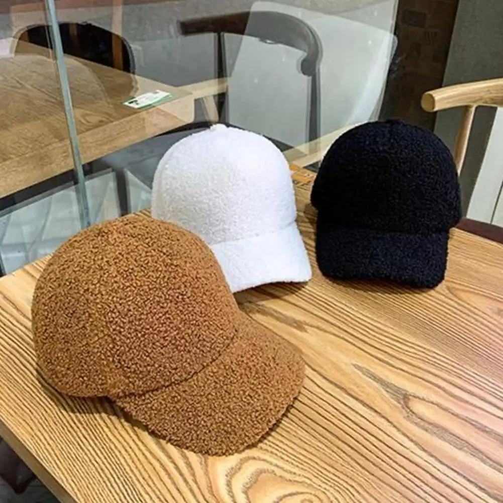 Women Baseball Cap Windproof Plush Baseball Cap for Men Women Warm Fuzzy Curved Brim Hat with Uv Outdoor Sports