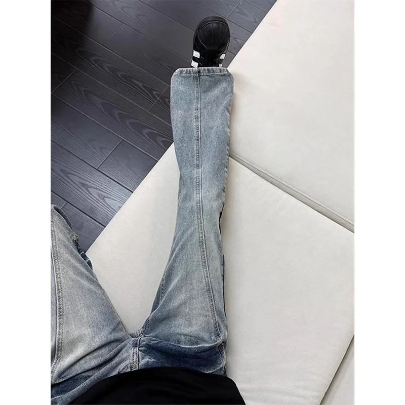 Blue Lightning Pattern Jeans Men's Autumn Winter Scratched Pants American Slant Cut Straight Leg Micro Flared Trousers