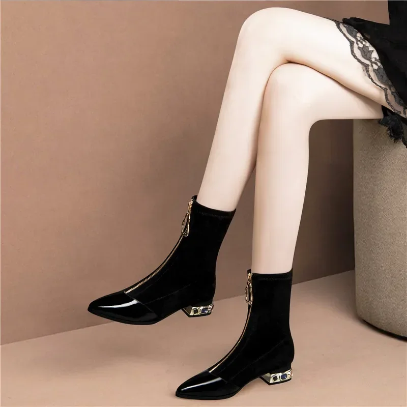 luxury Booties Ladies Socks Boot Women Ankle Shoes 2024 Stockings Autumn Winter Rhinestone Heel Black New Women's Rubber Boots