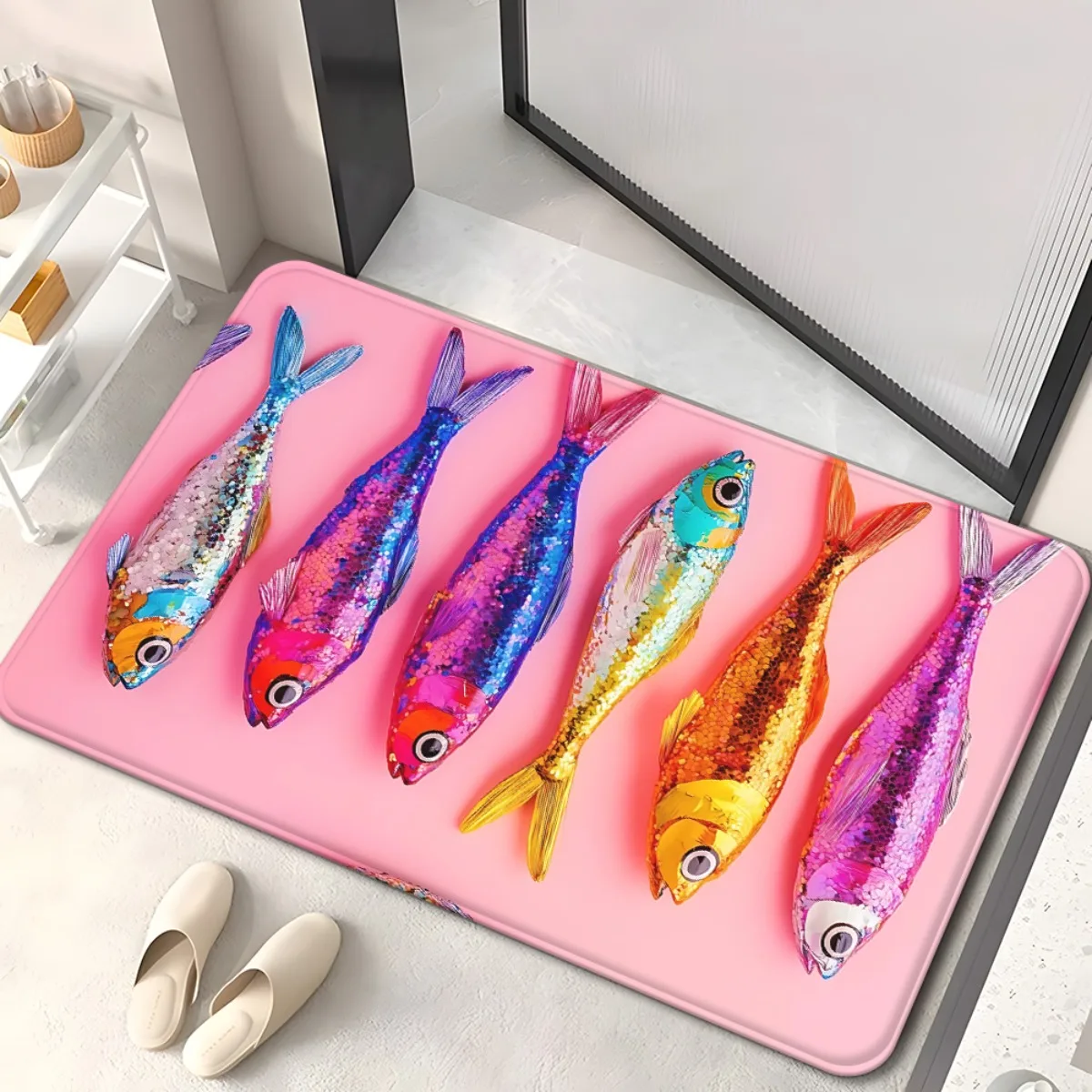 Vibrant Sequin Fish Mat – Pink Base, Soft & Non-Slip, Machine Washable Rug for Bathroom, Entry, Bedroom, Living Room
