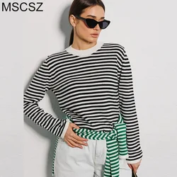 MSCSZ Retro Striped Sweater Woman O-Neck Long Sleeve Knitted Top Female Causal Pullovers Korean Sweater Fall Spring