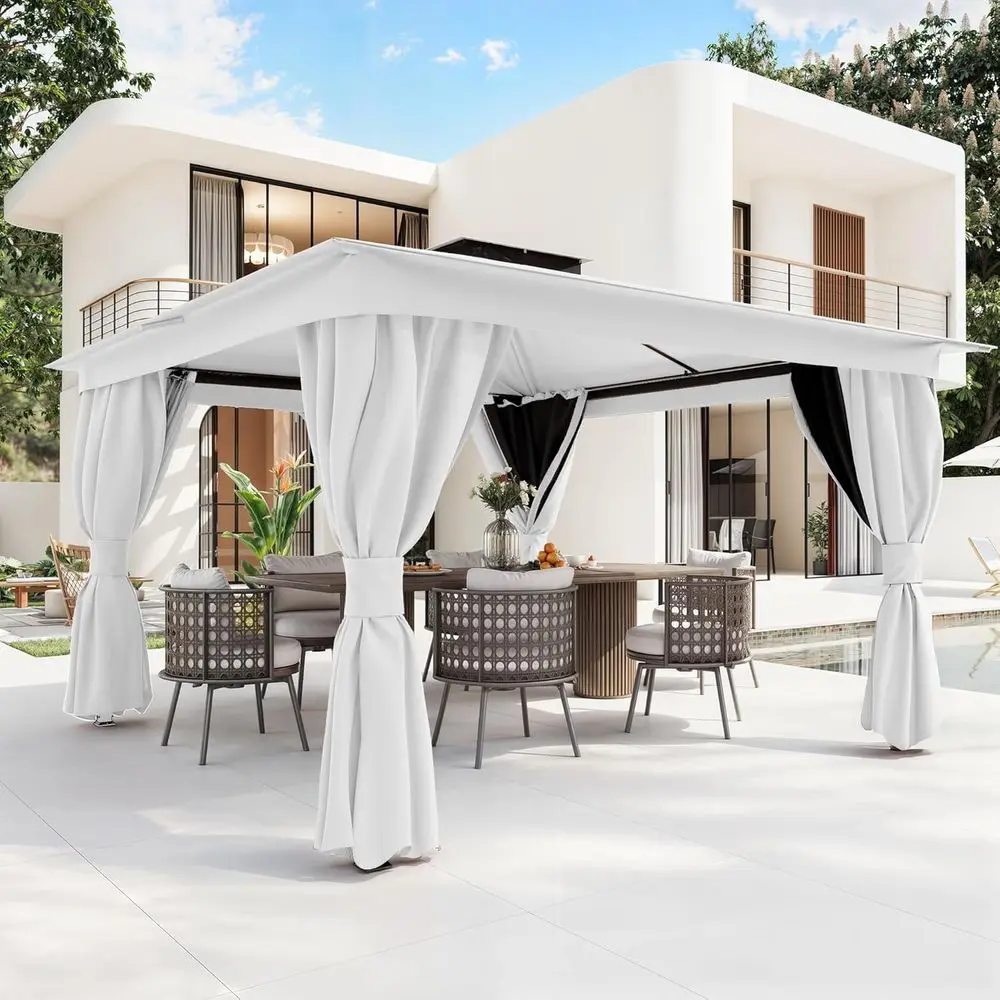 

Уличный шатер-беседка 10'x13' (белый), сверхпрочный, для вечеринок, с двойным навесом, для улицы, с занавесками и москитными сетками, для террасы, газона